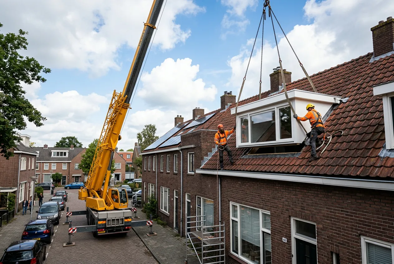 Dakkapel wordt met een kraan op een rijtjeshuis geplaatst — sfeerbeeld