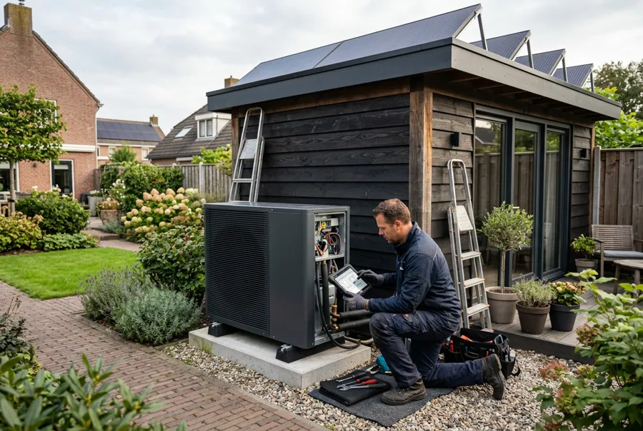 Monteur controleert een warmtepomp naast een tuinwoning met zonnepanelen — sfeerbeeld