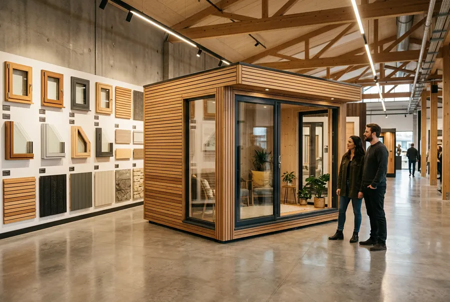 Tuinunit op ware grootte in een hal met materiaalstalen — sfeerbeeld