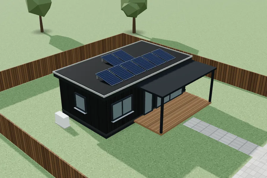 Schermafbeelding van de 3D-configurator met een mantelzorgwoning in de tuin