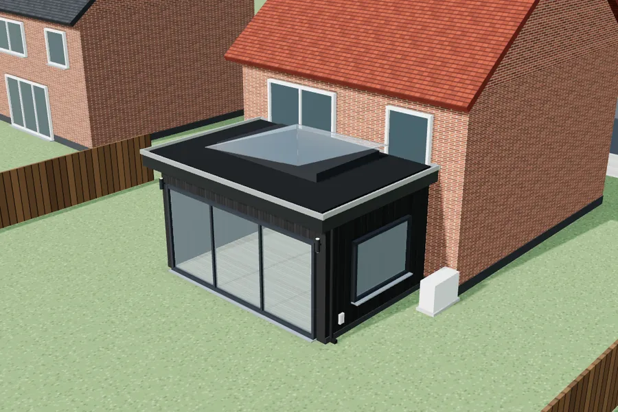 3D-voorbeeldontwerp: Aanbouw 6 × 4 m met lichtstraat