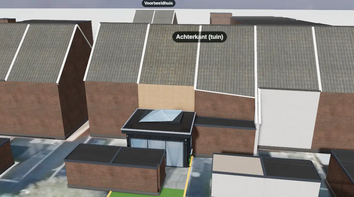 Opname uit de 3D-configurator: aanbouw aan het voorbeeldhuis